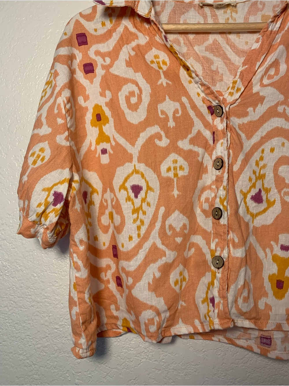 Christian Siriano Linen Rayon Blend Peach White Short Sleeve Button-Down | L - Picture 3 of 14